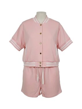 Women's Pink Athletic Short Set with Snap Bomber Jacket